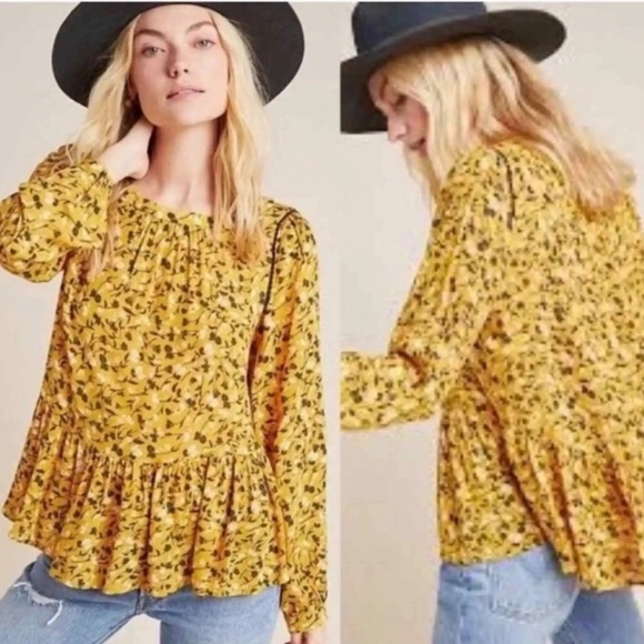 Anthropologie Tops - Anthropologie Maeve Yellow Ditsy Floral Peplum Blouse Womens Size L